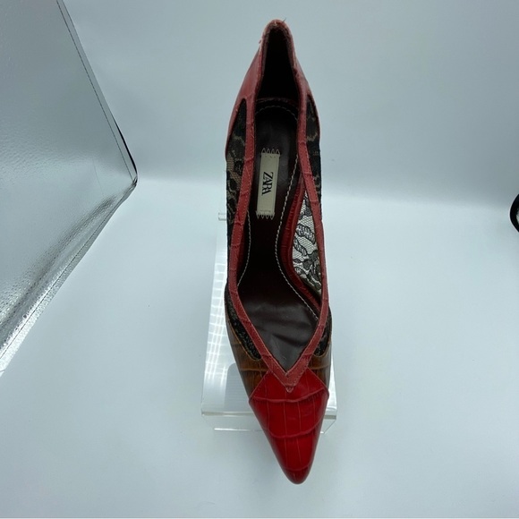 🌹NWOT. Zara Red Animal Print Lace High Heel Shoes. Size 7,5. - Picture 8 of 12